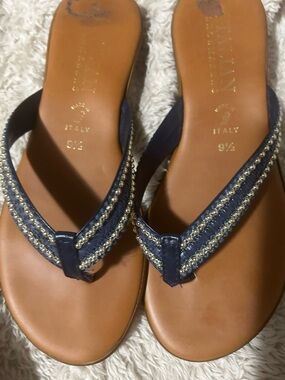 Italian Shoemakers Navy Beaded Leather Thong Sandals